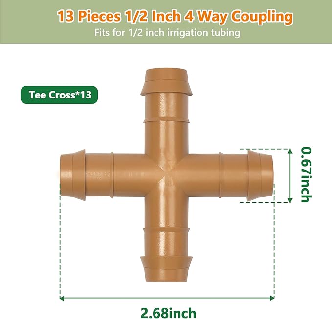 13 Pieces Drip Irrigation Fittings Barbed Cross Tee for 1/2" Irrigation Tubing Barbed 4 Way Connectors Drip Line 4 Way Couplings for Drip Sprinkler Garden Lawn Systems