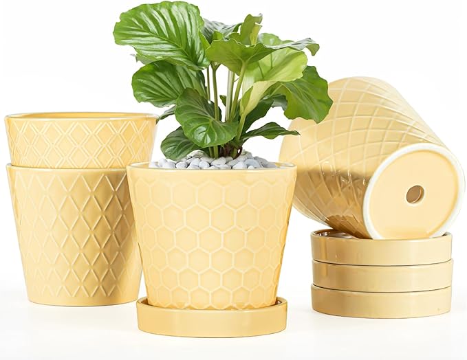 EFISPSS Ceramic Plant Pots, 5Inch Pots for Indoor Plants, Planters with Drainage Holes and Ceramic Tray, Flower Pots Desktop Office Windowsill Decoration Gift - Faint Yellow