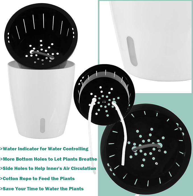 Planterhoma 5 Inch Self Watering Pots for Indoor Plants, 6 Packs White African Violet Pots with Water Indicator and Black Wick Pots, Self Watering Planters for Devil's Ivy, Indoor Plant Pots