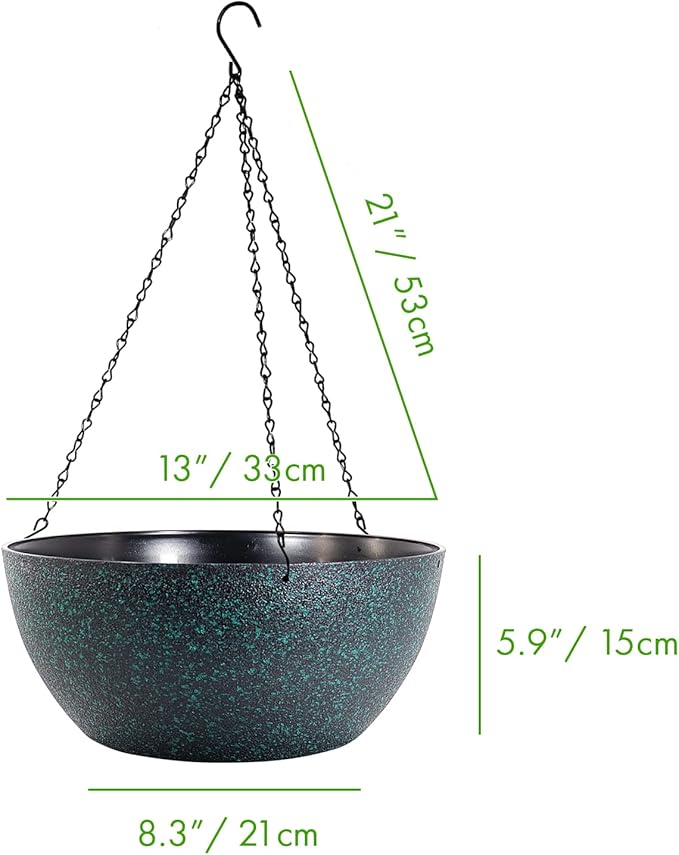 WOUSIWER 13 inch 2 Pack Large Hanging Planters for Indoor Outdoor Plants with Drainage Holes and Chain, Round Hanging Flower Pots for Garden Home Porch Decor, Black with Green Speckles