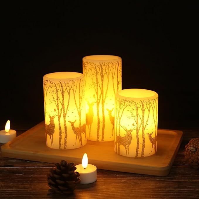 Gold Deer Flameless Candles with 6H Timer, Set of 3 Real Wax LED Flickering Candles, Christmas Pillar Candles with Gold Elk Decor for Home Party Decorations(H6 x D3)