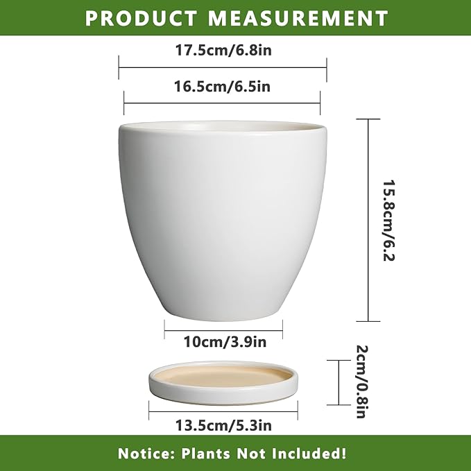 Ceramic Pots for Plants - 6 Inch Plant Pot with Drainage Hole and Saucer, Succulent Round Flower Planters for Indoor, Home Decor, White