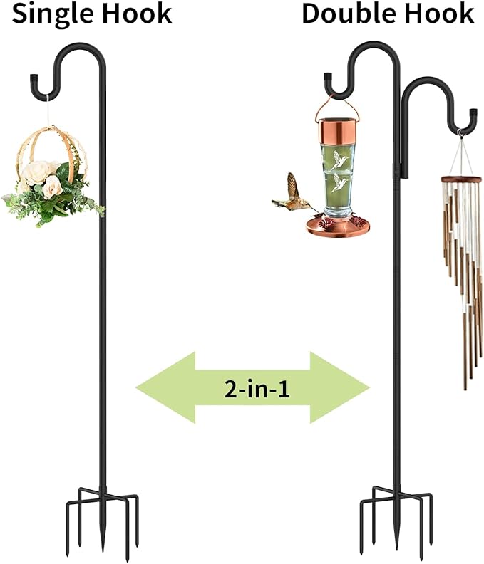 Double Shepherds Hooks for Outdoor, Bird Feeder Pole with 5 Prongs Base, Heavy Duty Garden Hook for Lantern, Wind Chime and Hummingbird Feeder, 62 Inch, 2 Pack