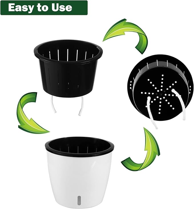 Planterhoma 6.7 Inch Self Watering Pots for Indoor Plants, 8 Packs White African Violet Pots with Water Indicator and Black Wick Pots, Self Watering Planters for Devil's Ivy, Indoor Plant Pots