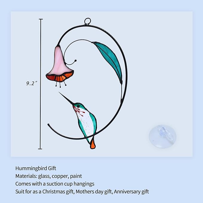 Lolitarcrafts Hummingbird with Flower Stained Glass Suncatcher Bird Stained Glass Window Hangings Hummingbird Gift for Home Decor (Green)