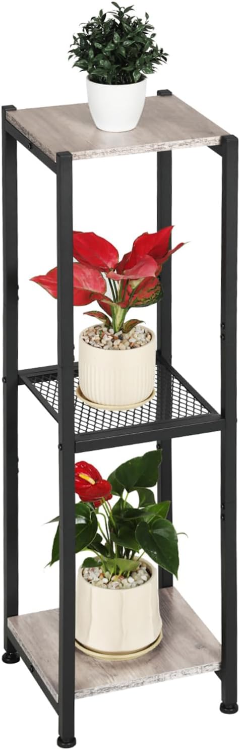 Extra Tall Plant Stand Indoor,40 Inch Plant Stands,3 Tier Metal Plant Stand with Heavy Duty Wood and Metal Mesh Shelf,Greige and Black