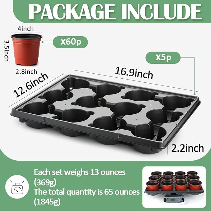 4 inch Round Nursery Pots 60pcs, 12 Cell Nursery Pots Trays 5 Pcs, Sturdy Seeds Starting Germination Shuttle Carrying Trays, Small Planter Nursery Propagation 5 Sets