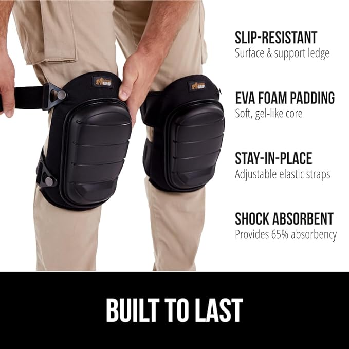 Gorilla Grip Adjustable Safety Knee Pad Set, Heavy Duty Durable Kneeling Pads for Work, Anti Slip Fasteners, Comfortable Gel Padding, Supportive Pads During Construction, Gardening Tool, Black