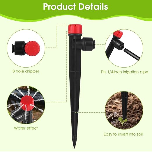 60 Pcs Drip Irrigation Emitters with Stake - Adjustable Drip Emitter Stream for 1/4" Drip Line Irrigation Tubing - Drip Irrigation System Parts Drippers Sprinkler Heads for Garden Watering System -Red