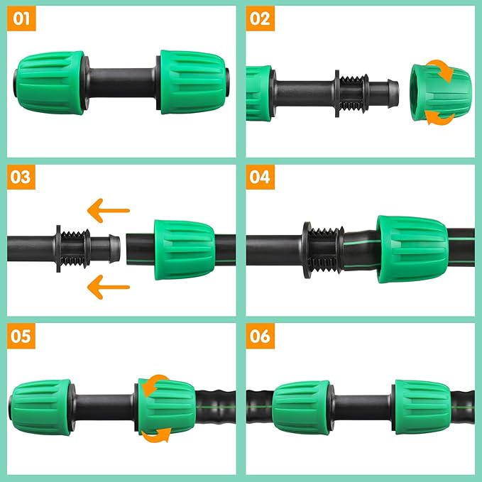 Drip Irrigation Fittings for 1/2 inch Tubing (0.60"-0.63" OD), 16 Pieces Barbed Coupling Drip Parts Locked Coupler Connectors, Drip Line Nuts Connectors for 1/2" Drip Irrigation Hose (13mm ID)