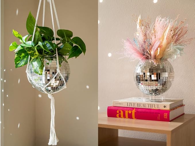 Hanging Disco Ball Planter 8" - with Acrylic Stand and Macrame Plant Hanger - Home Décor, Room Décor, Patio or Boho Décor, Mirror Disco Planter, Disco Decor (8" with Base)