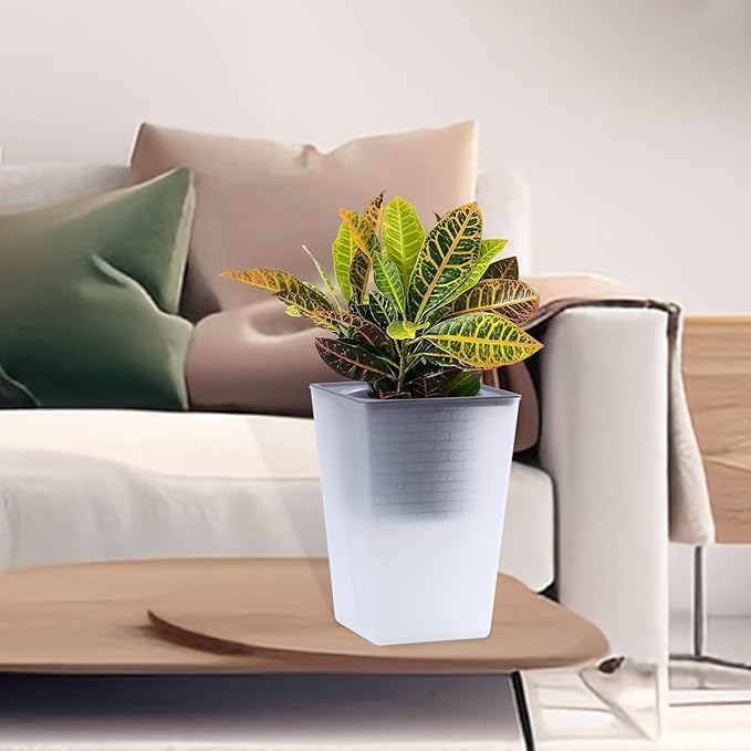 Self Watering Planter 2 Pieces 6 Inch, Plastic Flower Pots with Inner Pot Indoor Plants Brick Pattern Flowerpot for Indoor Plants, African Violets, Flowers, Herbs (Hazy White)