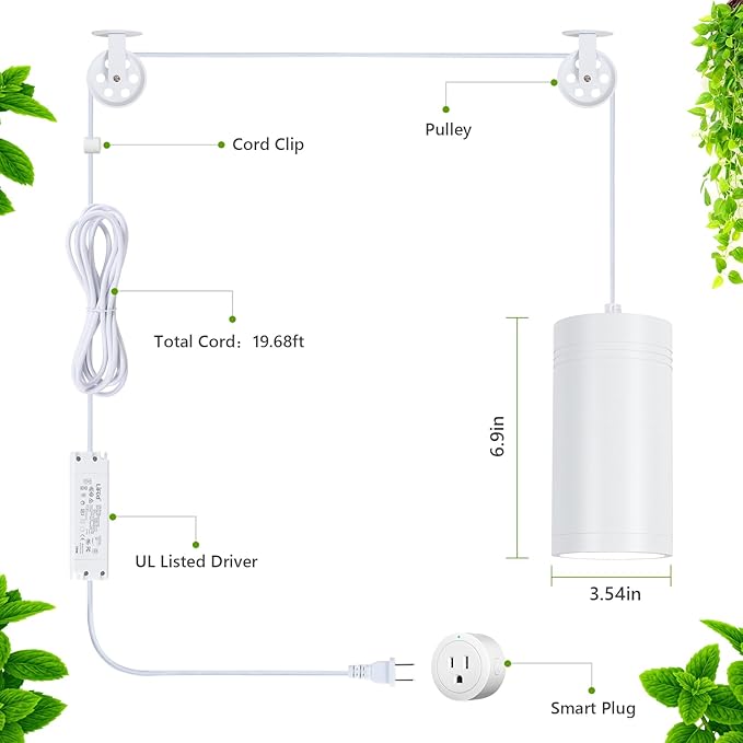 HMVPL Hanging Grow Light, Plant Lights for Indoor Growing, Grow Lights for Indoor Plants Full Spectrum with 4000K 40W COB Bulb, Pulleys and Smart Timer, Indoor Grow Lamp for Tall Tree Hydroponics