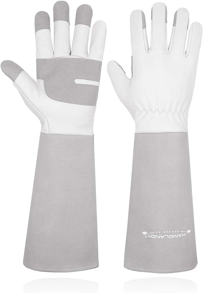 HANDLANDY Long Gardening Gloves for Men & Women, Thorn Proof Rose Pruning Gloves Leather Gauntlets Garden Gloves Yard Work Gloves (Medium, Grey)