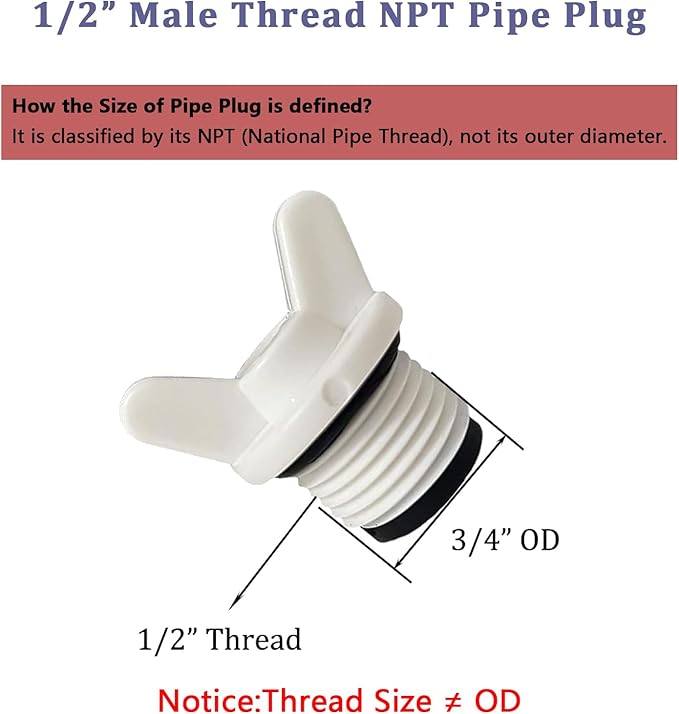 1/2” NPT Pipe Plug, Male Thread Pipe Caps and Plugs Fittings for Garden Irrigation Water Tubing Stopper, 5PCS, White,(3/4" ID)