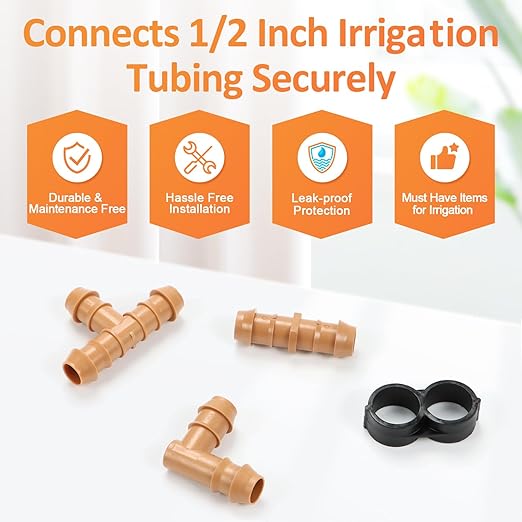 Drip Irrigation Fittings Kit for 1/2" Tubing, 24 Pieces Drip Line Barbed Connectors for 1/2 Inch Irrigation Tubing Includes 6 Couplings 6 Tees 6 Elbows 6 Plugs