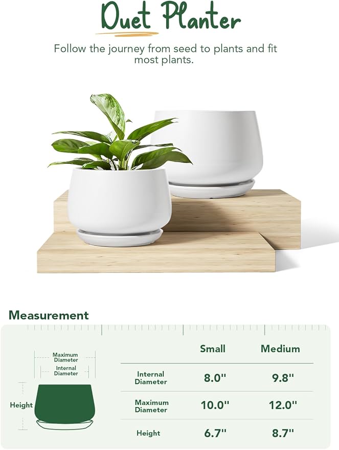 LE TAUCI Ceramic Plant Pots, Set of 2, 10 Inch 12 Inch Planters for Indoor Plants, Elegant Decorative Flower Pot, Sturdy Large Planter with Drainage Tray, Suitable for Porch, White