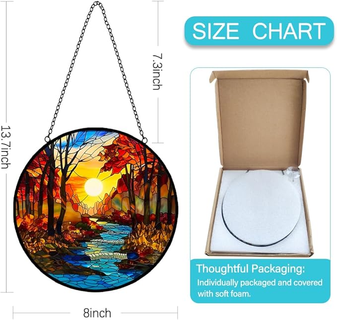 Sunrise Tree and River Landscape Stained Glass Suncatcher for Window Hanging - Sunrise Painting Sun Catcher Window Ornaments with Metal Chain and Hook - Decor Gift for Mom Wife Husband Nature Lovers