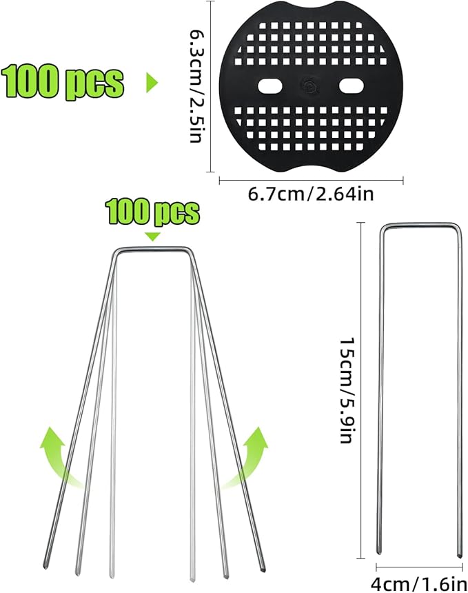 100 Pack 6 Inch Landscape Staples & 100pcs Fixing Gasket Sets, Garden Stakes Galvanized Steel Fabric Pins Heavy-Duty U Shape Sod Turf Pins for Ground Weed Fabric Barrier, Orchard, Yard, Tents