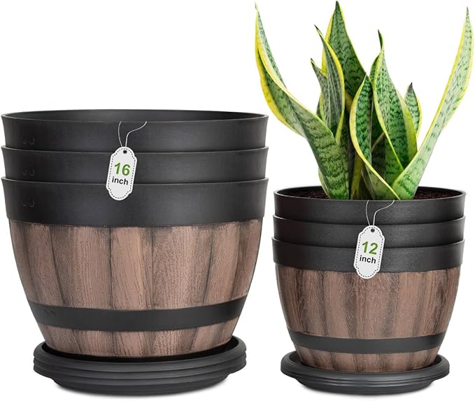 6 Pack Plant Pots with Drainage Holes, Include 3 Each of 16/12 inches Flower Pots with Saucers, Plastic Imitation Wine Barrel Design for Indoor Outdoor Garden Home Plants