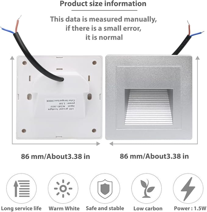 4Pcs 1.5W LED Step Light, Warm White 3000K Recessed Wall Spotlight for Staircase, Kitchen, Bedroom, Living Room, Cabinet, 110V Silver