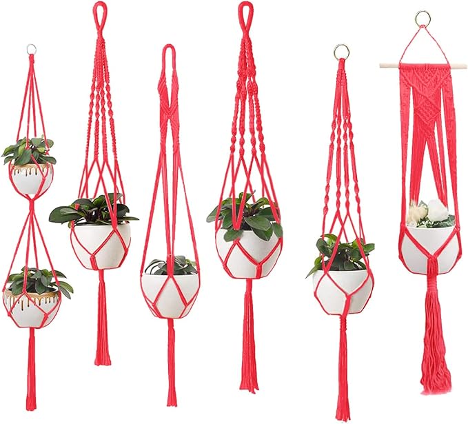 Macrame Plant Hangers Indoor Macrame Hanging Planters for Indoor Plants - 6 Pack Hanging Plant Holders Indoor Hanging, Macromay Plant Hangers for Indoor Plant Hanger, Boho & Home Decor (Pink)