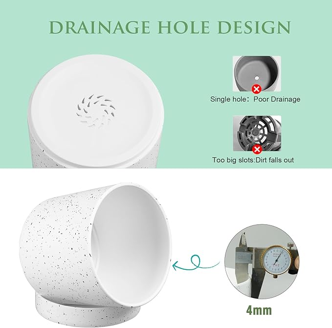 6/5/4 inch Plant Pots, 3 Pack Cylinder Flower Pots for Small Indoor Outdoor Plants, Plastic Planters with Drainage Holes and Saucers for Garden Succulent House Plants, Speckled White