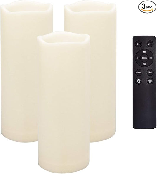 CANDLE CHOICE Waterproof Outdoor Battery Operated Flameless Candles Remote Timer White Tall Plastic Fake Realistic Flickering Electric LED Pillars for Lantern Wedding Christmas Decorations 3”x8” 3PCS