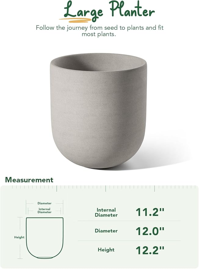 LE TAUCI 12 Inch Pots for Plants, Ceramic Large Planters for Indoor Plants, Indoor Plant Pots for Home Garden Patio Office, Planter Pots with Drainage Hole and Rubber Plug, Neutral Gray