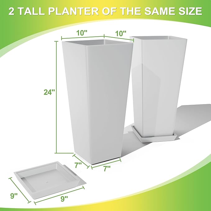 Set of 2 Large Tall Planter for Indoor or Outdoor 24" Tall Flower Pots Tapered Tall Planters with Tray for Porch, Patio, Backyard, Large Planters for Outdoor Indoor Plants(White)