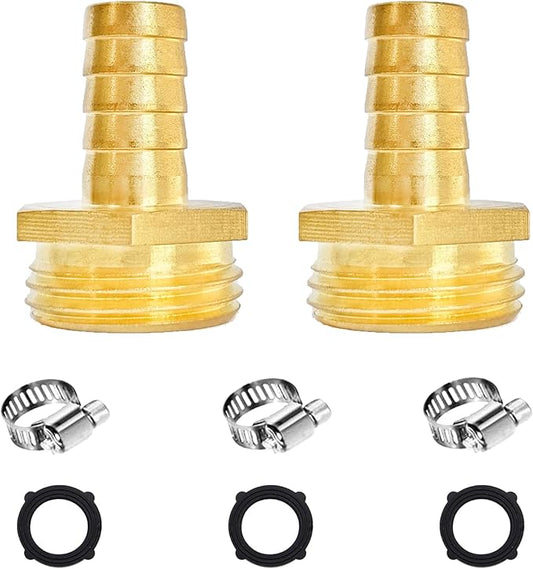 2Pcs 1/4" Barb x 3/4" Male GHT Thread Hex Brass Garden Water Hose Pipe Connector Copper Fitting with Stainless Clamp House/Boat/Lawn/Power Wash/Irrigation