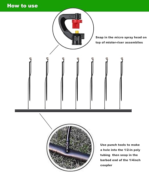 Drip Irrigation Micro Spray Emitter on 20 inch Stake with 1/4" Tubing and Barbed Coupler 180° Half Circle Pattern, 8.5’ Spraying Distance