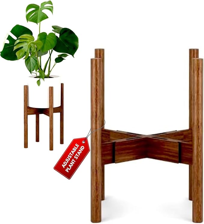 Fox & Fern Adjustable Plant Stand Indoor — 8 to 12 Inch Mid Century Bamboo Plant Stand with Adjustable Width; Plug In Design; Easy to Assemble; Two Height Options - For 8, 9, 10, 11 & 12 Inch Pots