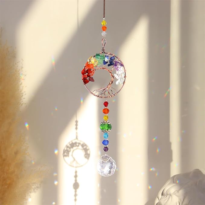 3pcs Rainbow Chakra Crystal Suncatcher Windows Hanging Tree of Life Sun Catchers Decor with Prisms for Car, Feng Shui Charms Decor for Home