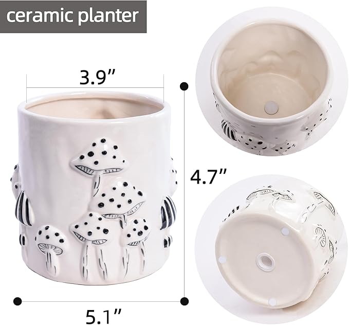 5 Inch Plant Pots Indoor, Unique Ceramic Pots for Plants with Drainage Hole, Cute Flower Pots for Indoor Plants, White Mushroom Planter Modern Decorative for Home Patio Garden