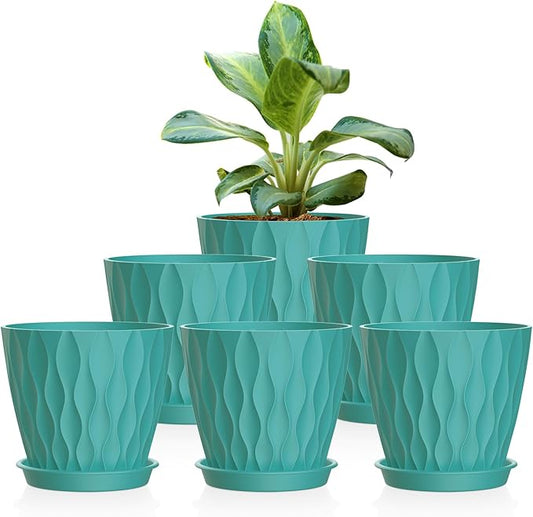 6 Pack 4 Inch Small Plant Pots with Saucers, 3D Textured Plastic Planters with Drainage Holes for Indoor and Outdoor Plants, Flowers, Herbs, Succulents, and Seedlings, Blue