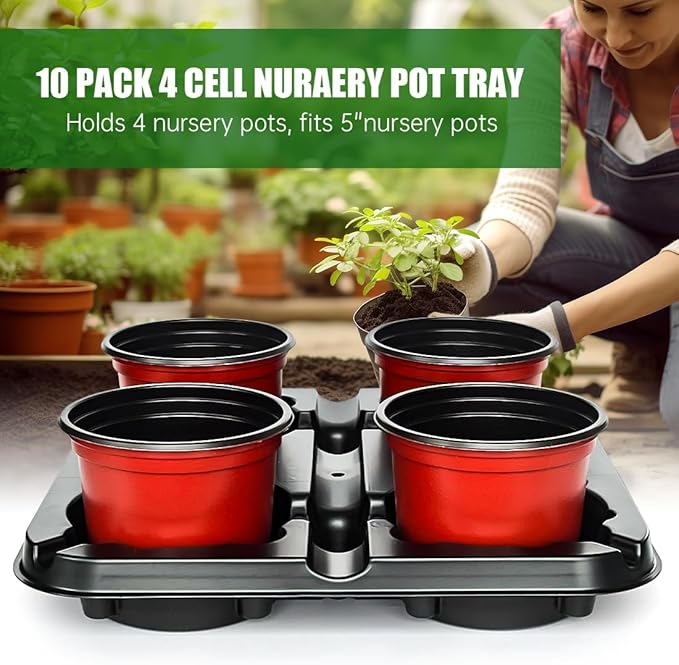 4 Cell Round Nursery Pot Tray for 5 Inch Pots, Thickened Sturdy Seedling Pot Shuttle Tray, Durable Nursery Pot Carrying Tray for Holding 5 inch Plastic Plant Pots (12.6" Square, 10-Pack)