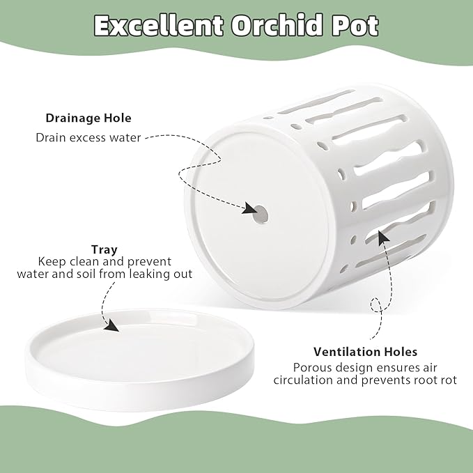 6 Inch Ceramic Orchid Pot with Large Slotted Holes, Orchid Planter for Enhanced Air Circulation, Orchid Pots with Drainage Tray, White