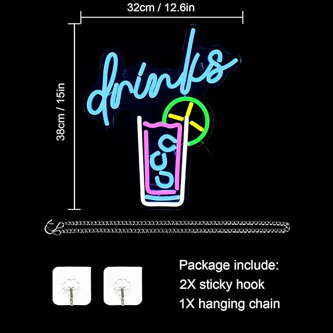 WLHOPE Drinks Neon Signs Cool Drink Cup LED Neon Lights for Wall Decor, USB Cocktail Art Wall Lights for Home Bar Club Hotel Restaurant Cafes Shops Wedding Birthday Party