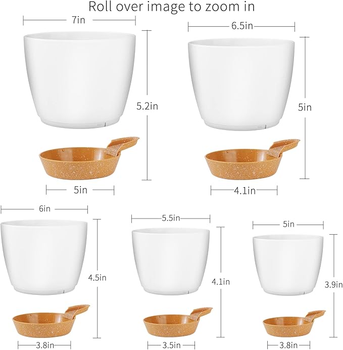 GARDIFE Plant Pots 7/6.5/6/5.5/5 Inch Self Watering Planters with Drainage Hole, Plastic Flower Pots, Nursery Planting Pot for All House Plants, Succulents,Snake Plant, African Violet, Flowers,White