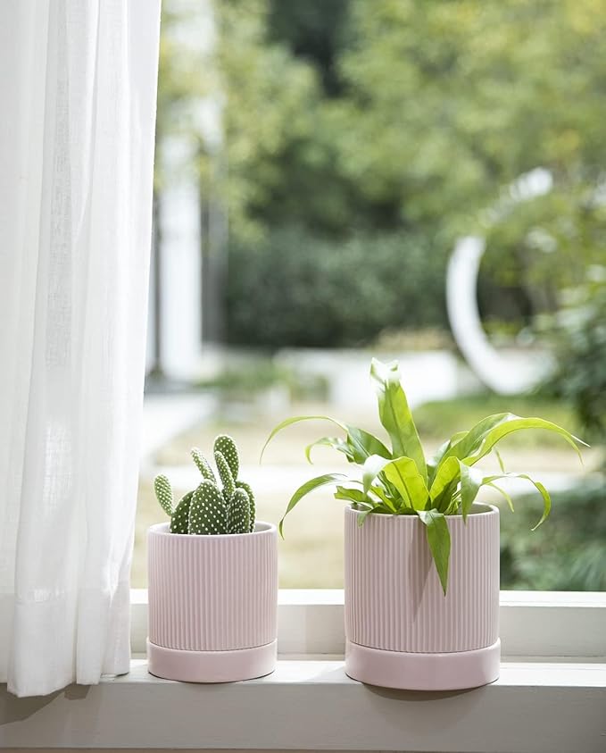 LaDoVita 3 Pack Ceramic Plant Pots 6/5/4 inch, Flowerpot for Indoor Plants with Drainage Holes and Tray, Outdoor Garden Planters, Modern Decorative for Home, Pink Vertical Stripes