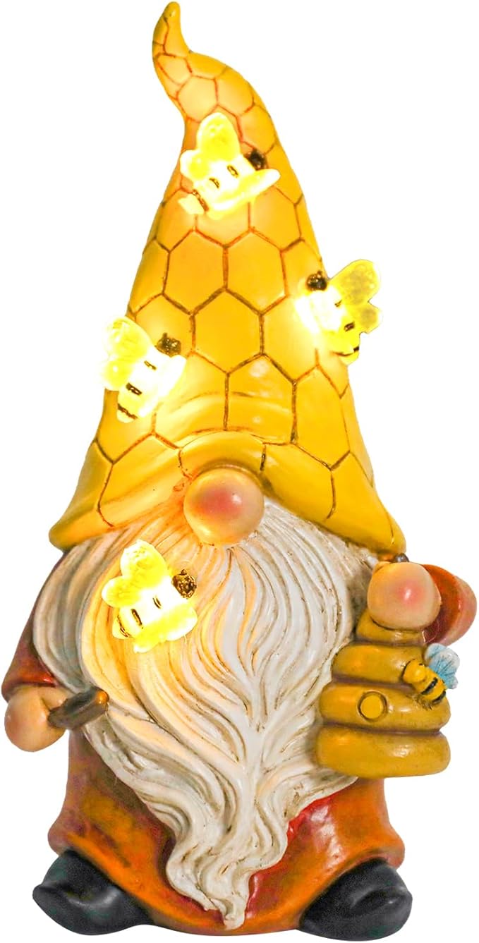 Garden Gnome Statue with Bee Solar Lights, Resin Gnome Figurine for Outdoor Decor, Porch Patio Yard Decorations