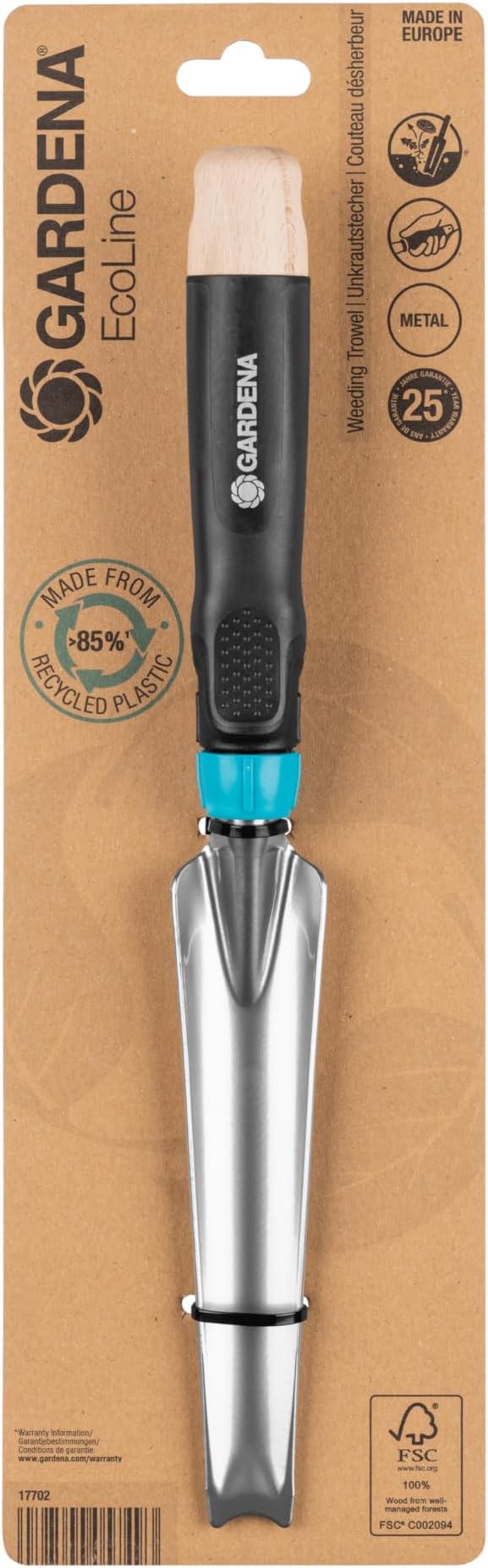 Gardena Ecoline Weeding Trowel: for Easily Removing unwanted Plants Without Chemicals, Ergonomic Handle, Coated Metal, Made from Recycled Materials (17702-20)