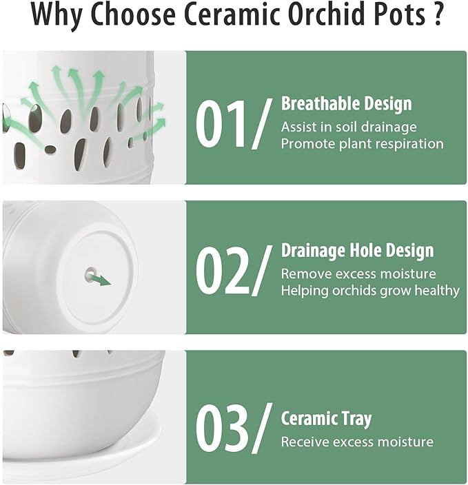 Orchid Pot, 5+6 Inch Orchid Pots with Holes, Orchid Pots for Repotting,Ceramic Flower Pots with Drainage and Tray,Planters for Indoor/Outdoor Plants - White
