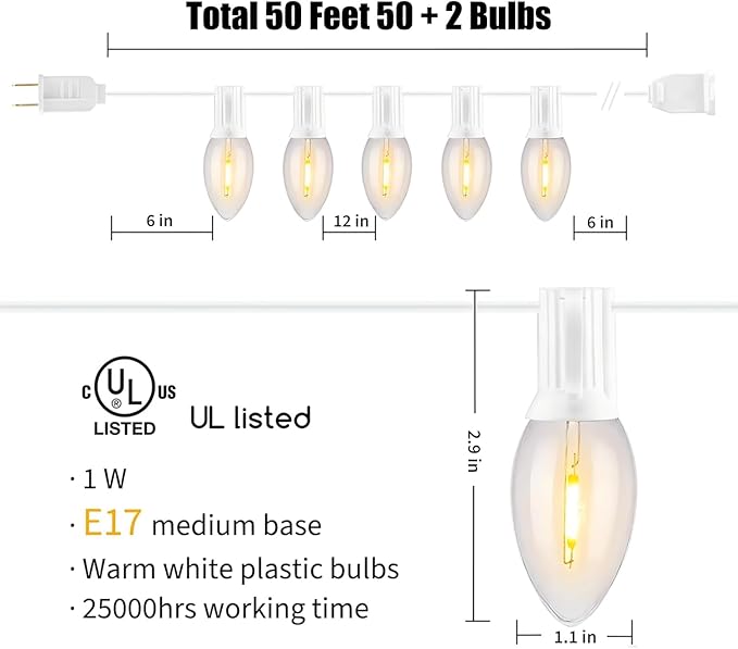 Vintage C9 LED Christmas Lights Outdoor, 50Ft C9 String with 50 Shatterproof Colorful Bulbs, Waterproof Connectable Christmas Tree Lights for Roofline Holiday Garden Party Xmas Decorations