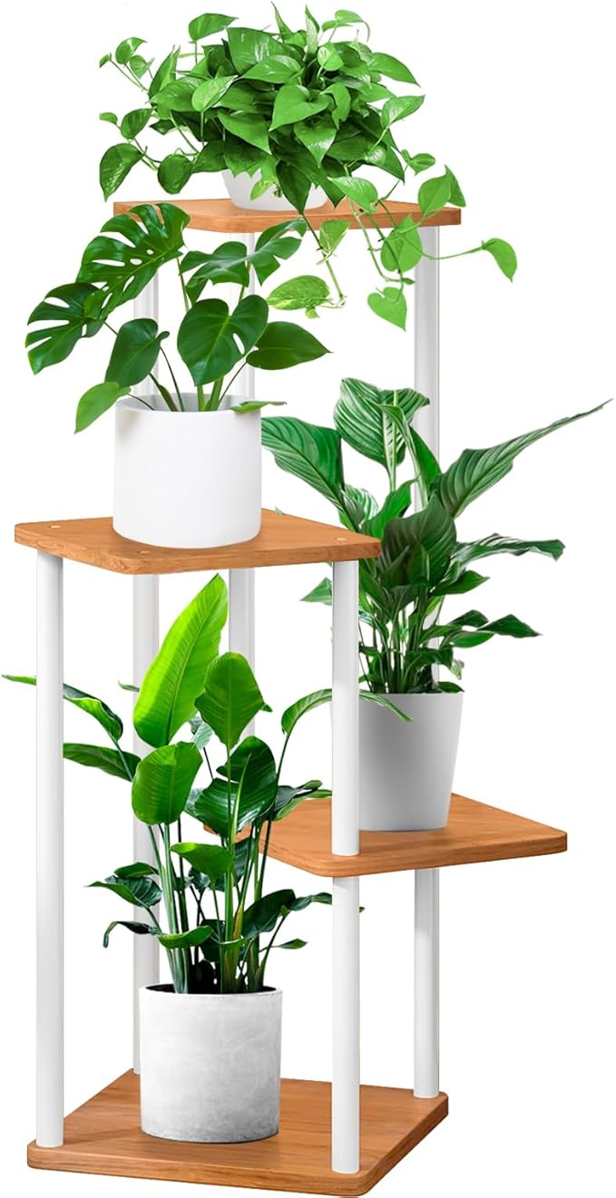4 Tier Wood Tall Plant Stand Metal Rack Indoor, Multiple Flower Pot Holder Shelves Corner Rack, Planter Shelf Display Rack Storage Organizer for Patio Living Room Balcony Garden(White)