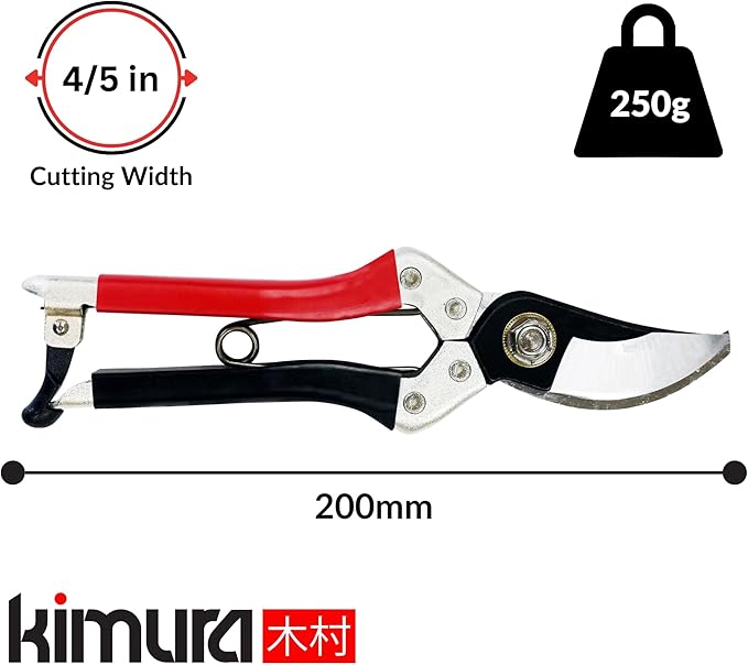 Kimura® 8" Samurai Garden Pruning Shears, [Made in Japan], Heavy Duty Premium Japanese Yasugi Steel Blades, Non-Slip Vinyl Coated Handles, Ergonomic, Japanese Bypass Pruning Shears