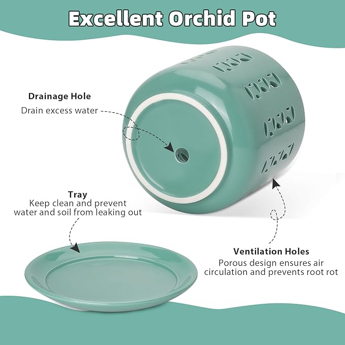 Ceramic Orchid Pots with Holes, 5 Inch+6 Inch Orchid Planter with Drainage Holes and Tray, Indoor Flower Pot for Repotting Orchids, Elegant Indigo Glaze