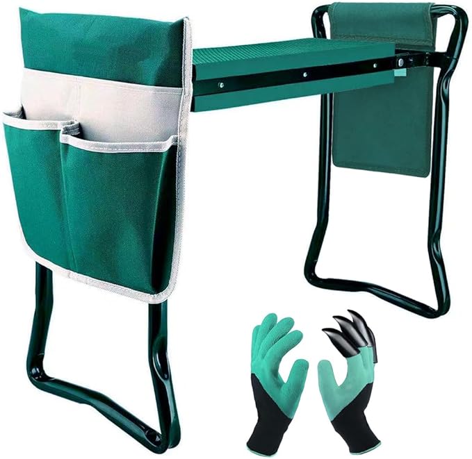 Garden Kneeler and Seat,with 2 Tool Bags Pouches and Claw Gloves,Portable Lightweight Garden Bench Thicken EVA Foam Pad Sturdy Steel Pipe Practical Garden Tools(Green)