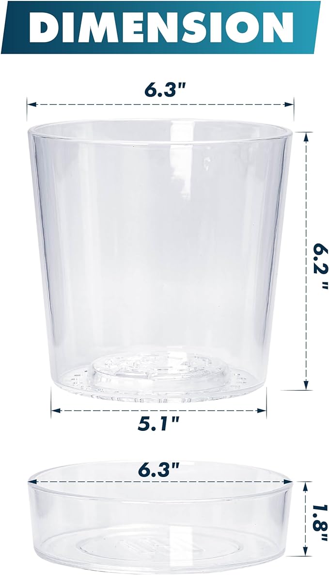 Phoenix Vine 6.5 Inch Clear Acrylic Planter Pot with Tray, Orchid Pot with Drainage Holes, Deep Saucer for Bottom Watering, Transparent Containers for Indoor Plants, Herbs, Set of 1, 91-A-F-1